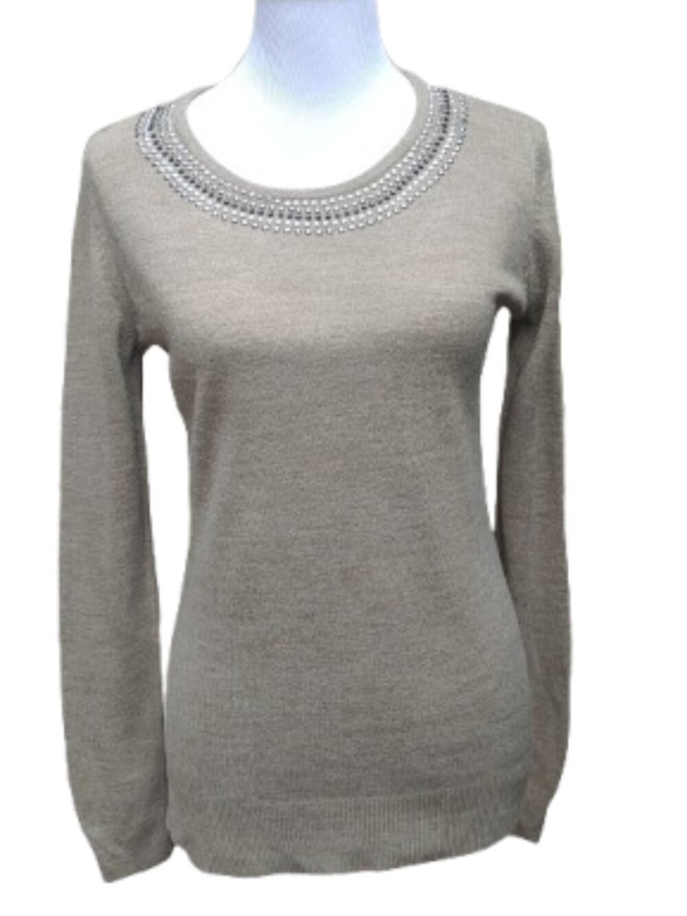 Debbie Morgan Tan Sweater Embellished Neckline Thin-Knit Light Brown
